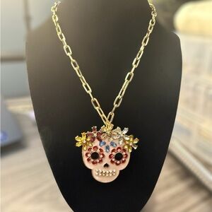 Gold Skull Pendant Necklace with Multicolor Accents